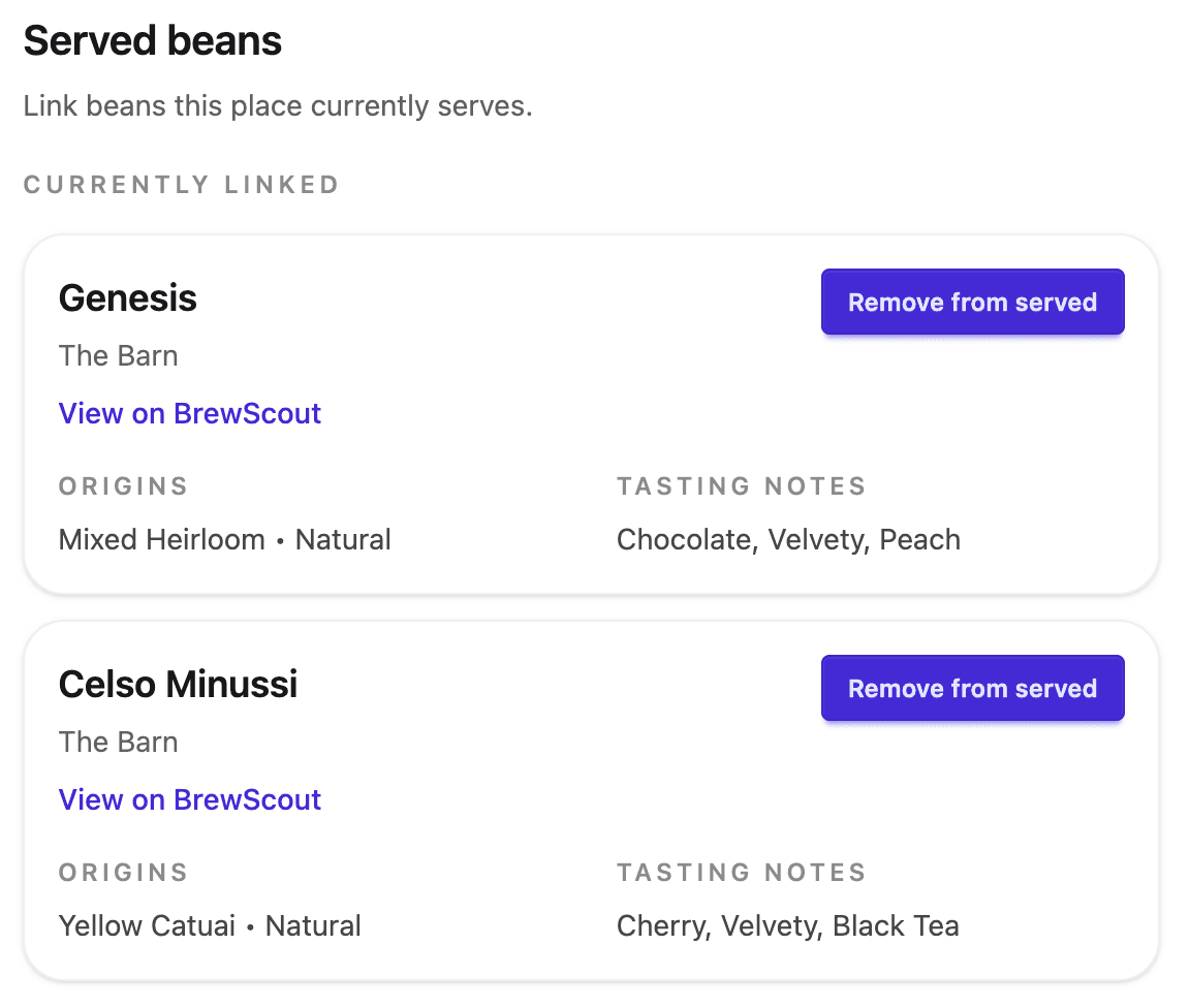BrewScout served beans screen for businesses