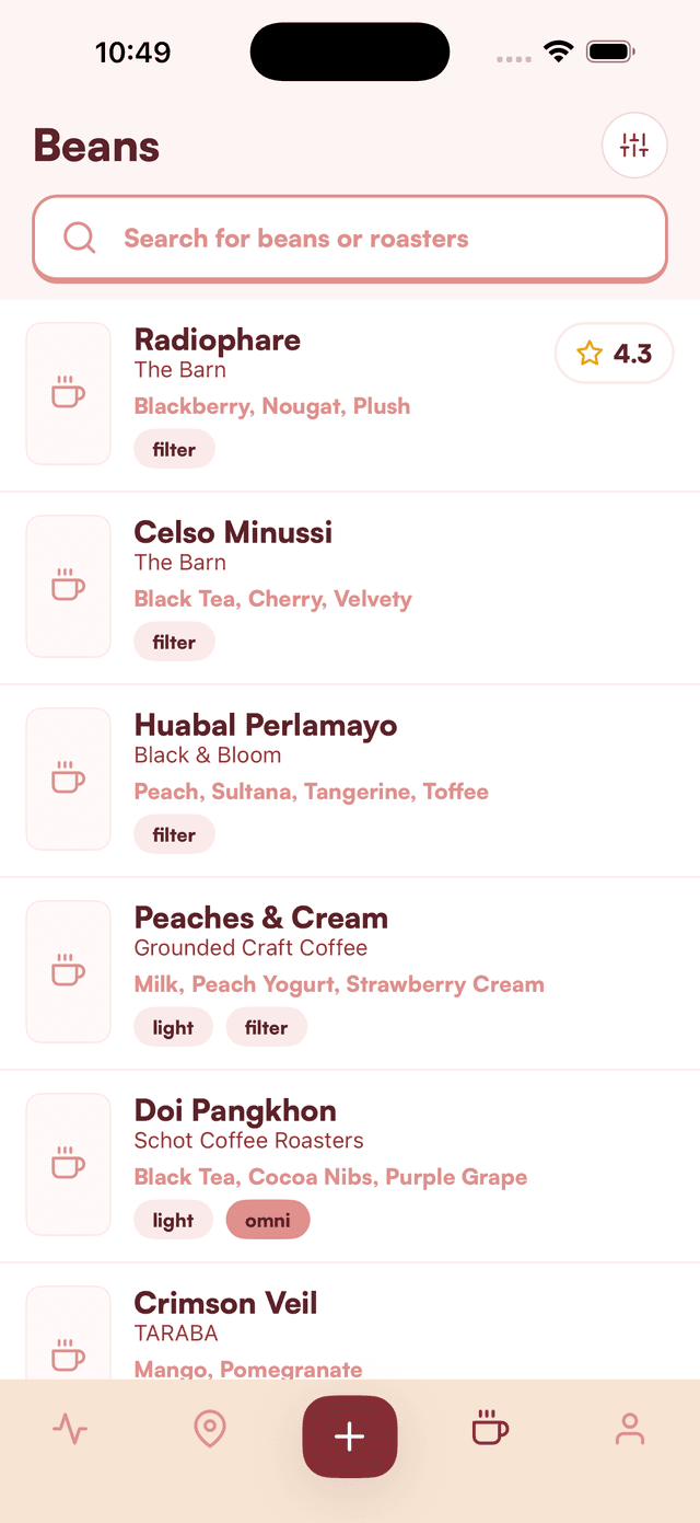 BrewScout app coffee list